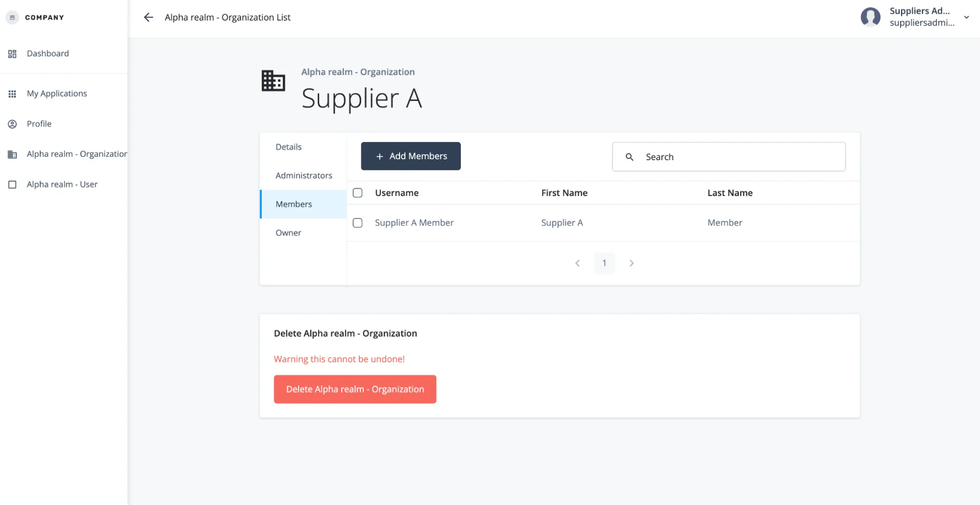 A screenshot of the administrator's view into Supplier A where they have assigned Supplier A Member
