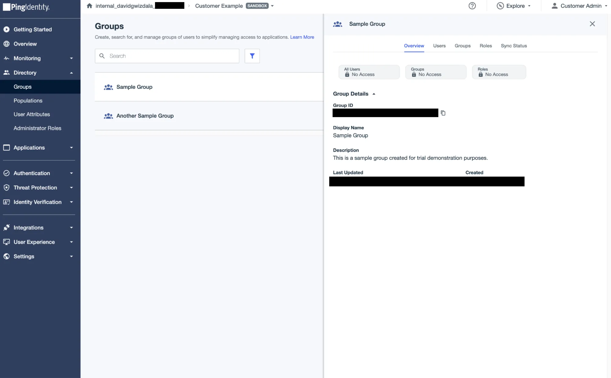 A screenshot of the admin portal for the Customer environment with the granted roles to the customerAdmin. In this page, the admin can see a Group but can't edit it nor can they see the Users in the Group