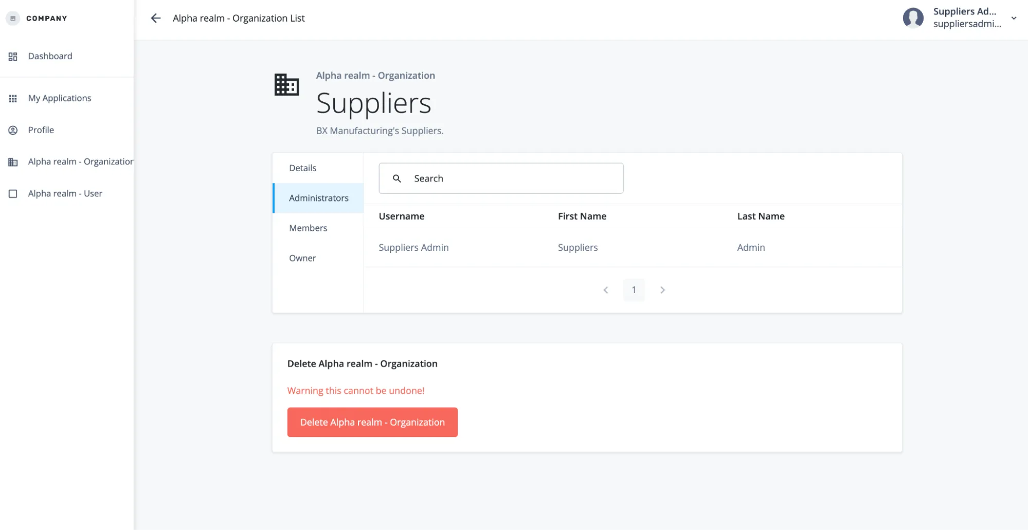A screenshot of the administrator's permissions to the Suppliers org where they cannot add or edit admins