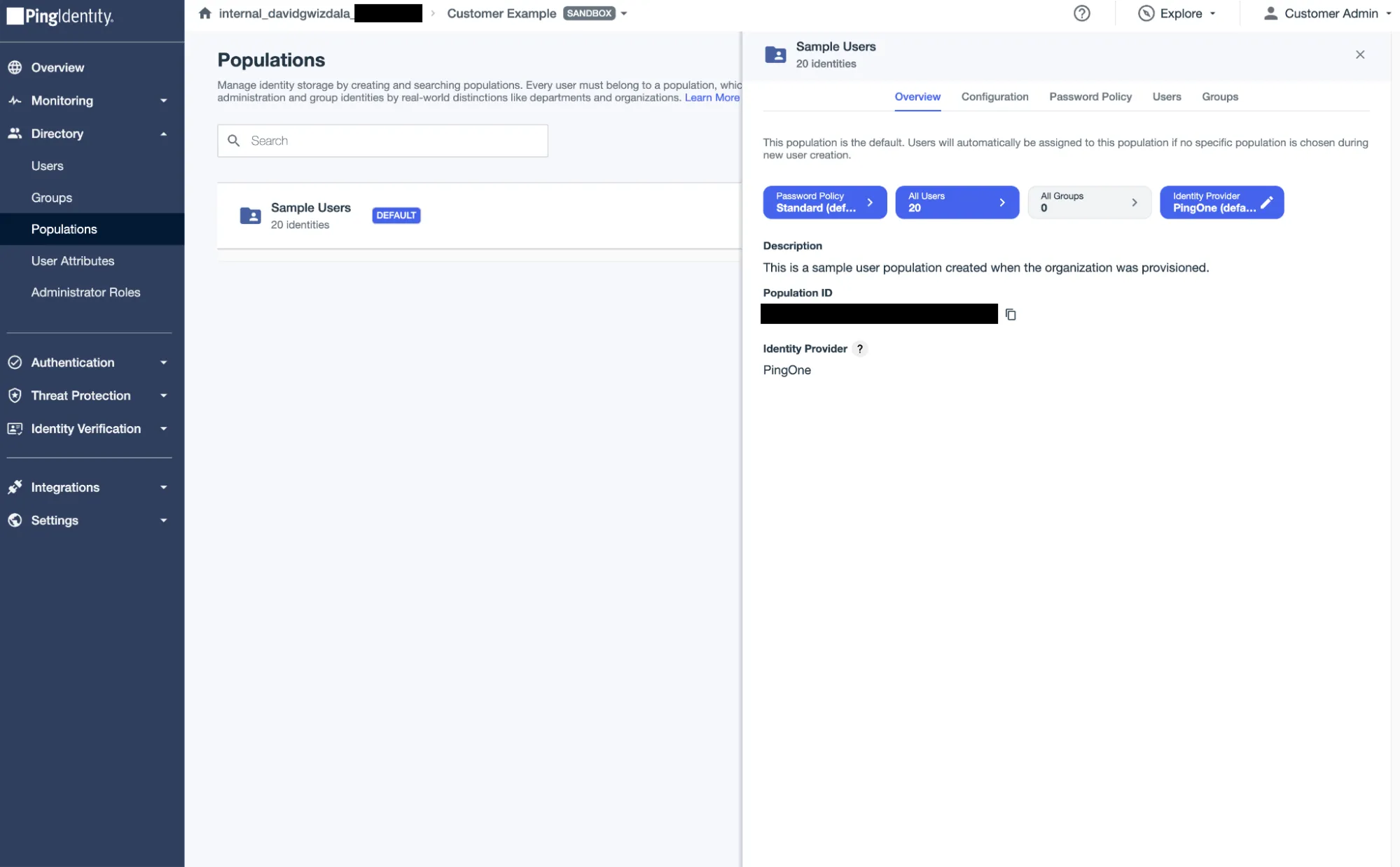 A screenshot of the customerAdmin's new permissions to access the Sample Users Population