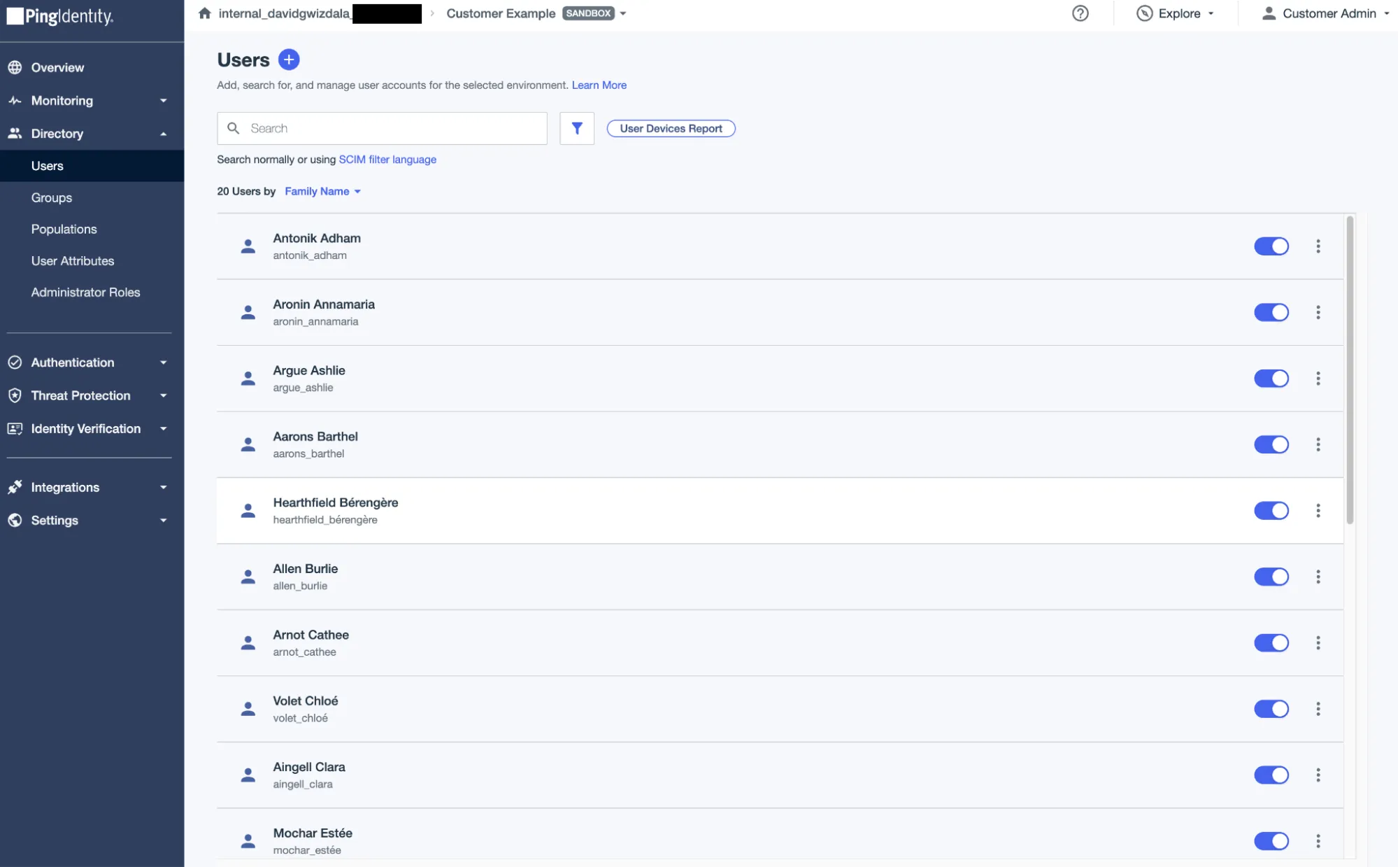 A screenshot of the customerAdmin's view into the users under the Sample Users Population