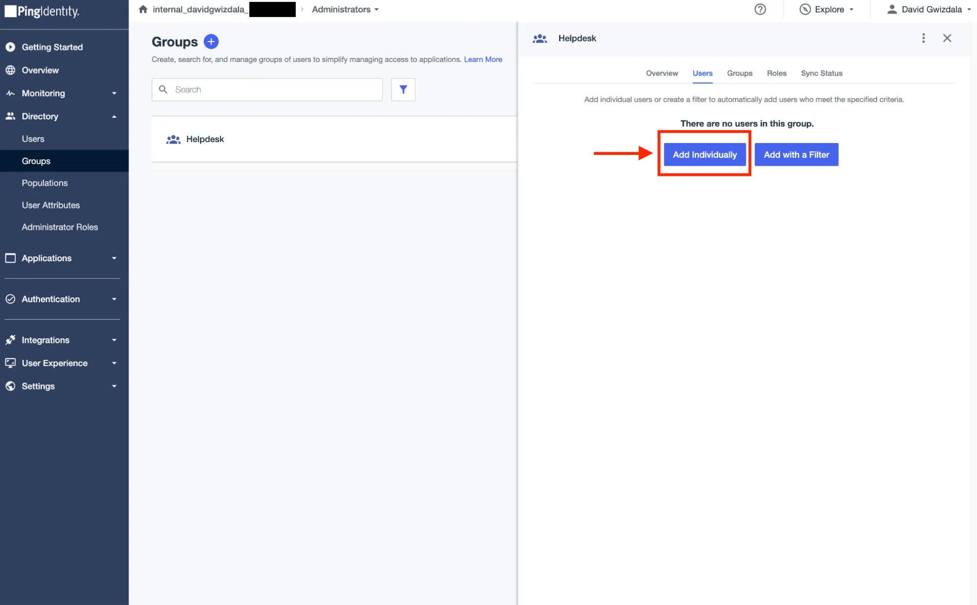 A screenshot of the admin portal where the "Add Individually" button for adding Users to a Group is being selected