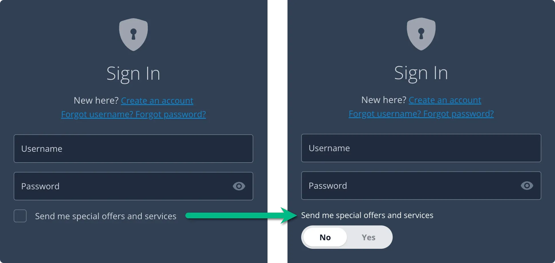 A login form built with a custom callback component, showing a toggle switch that moves a highlight pill between the two options of a boolean attribute callback