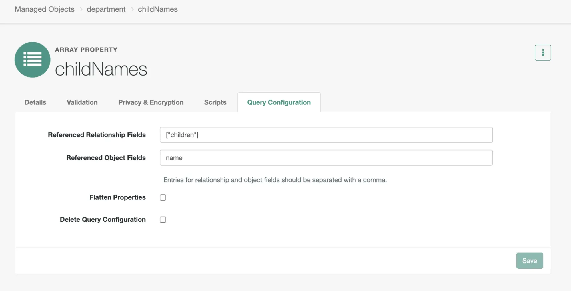 A screenshot of the query configuration for the childNames RDVP in which children and their name have been specified