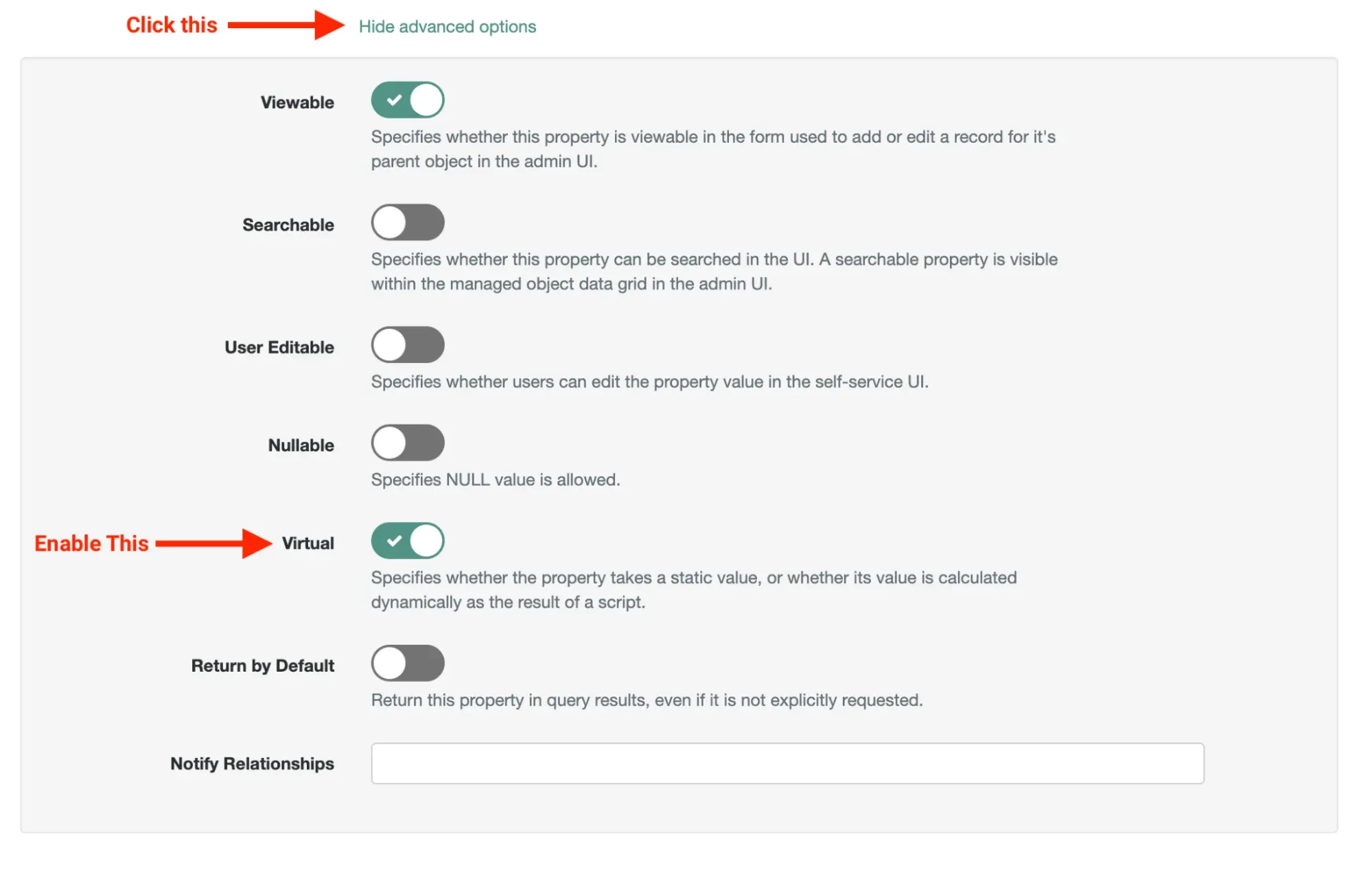 A screenshot of the advanced options in which the two required steps, clicking advanced options and enabling the Virtual option, are highlighted