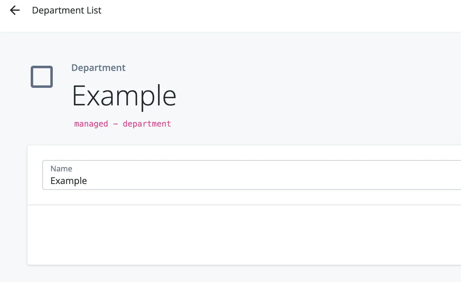 The created example department, using the name “Example”