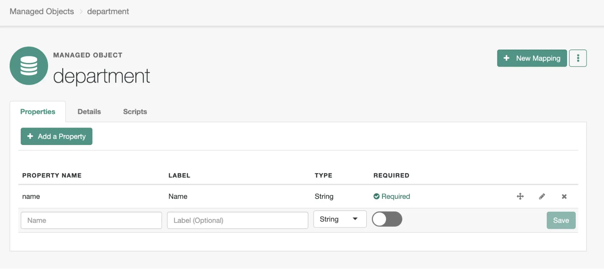 A screenshot of the IDM object editor for the department object in which name has been added