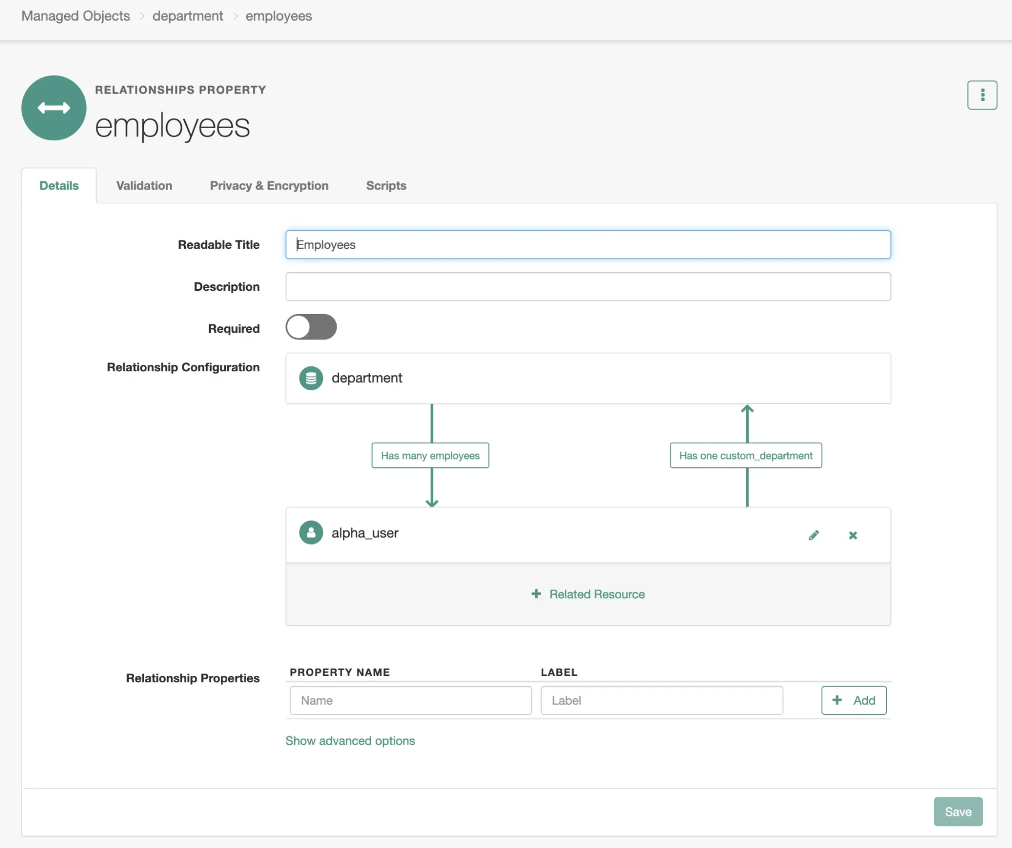 A screenshot of the employees property in which the bidirectional relationship between employees and their departments are shown