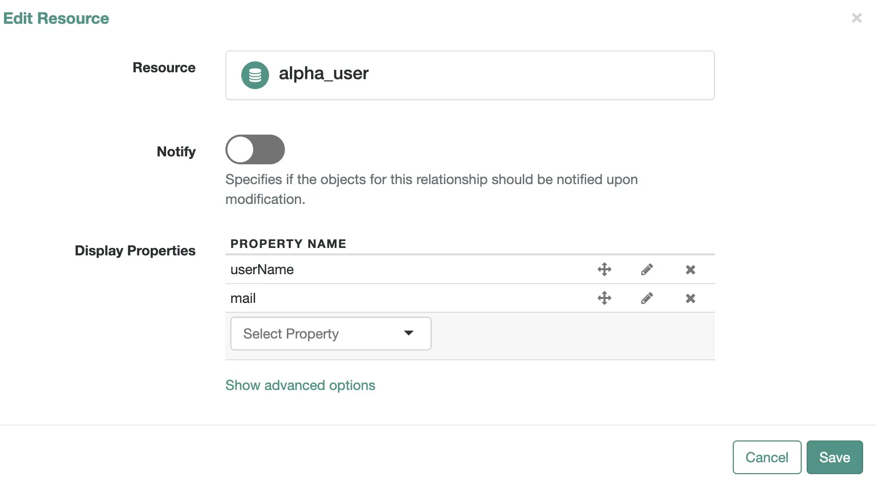 A screenshot of the edit resource page in which the alpha_user has been selected with the display properties of userName and mail