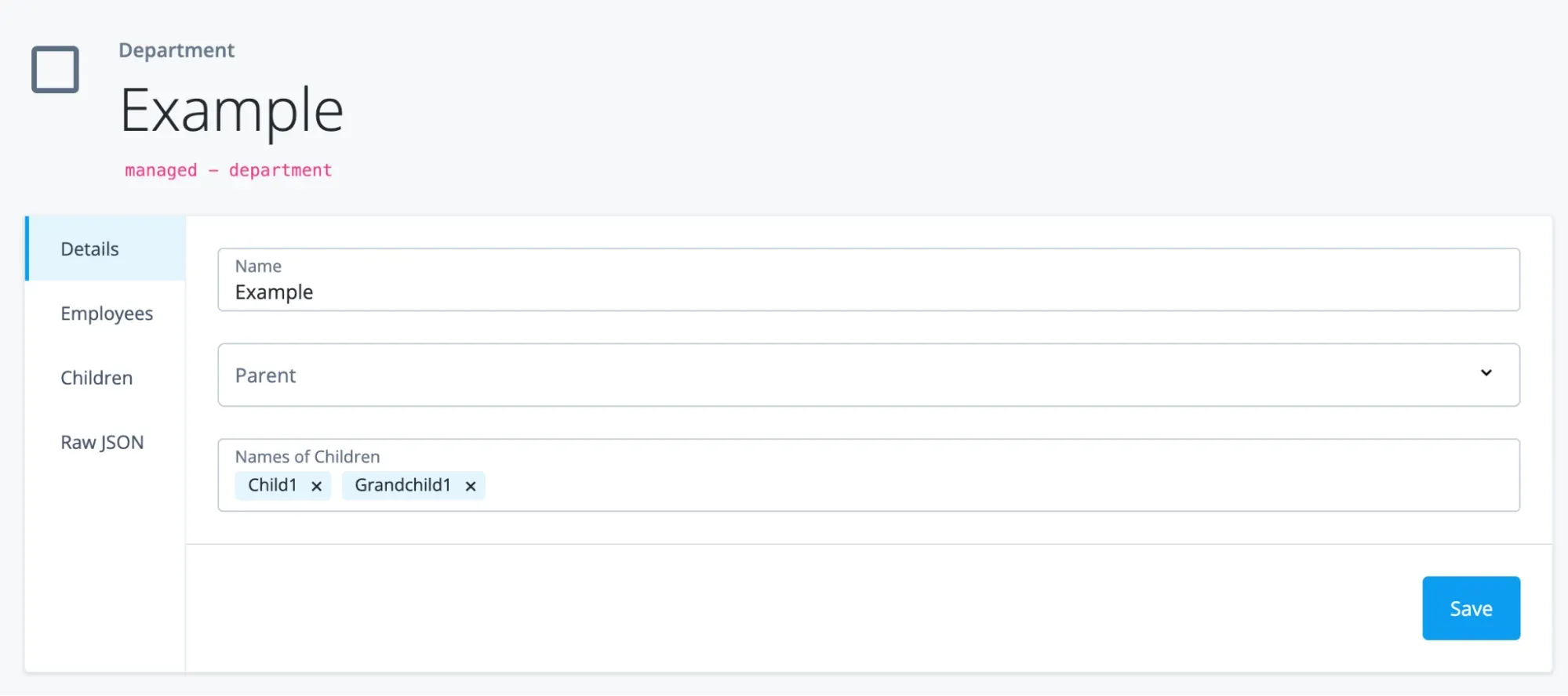 The screenshot of the example department object in which the nested relationships, child and grandchild, are appearing on the parent