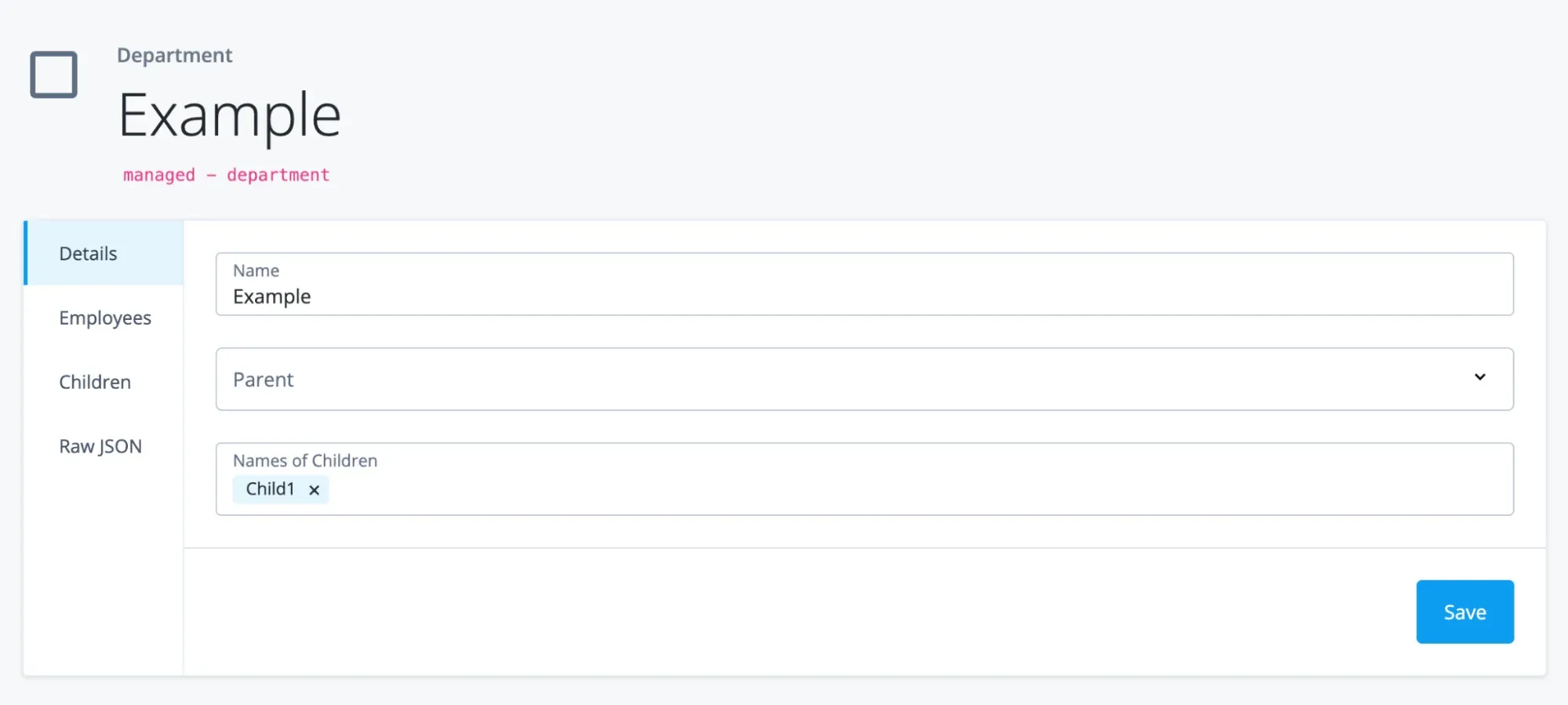 A screenshot of the example object in which the names have been flattened. This only shows the child names and not the object in the input field