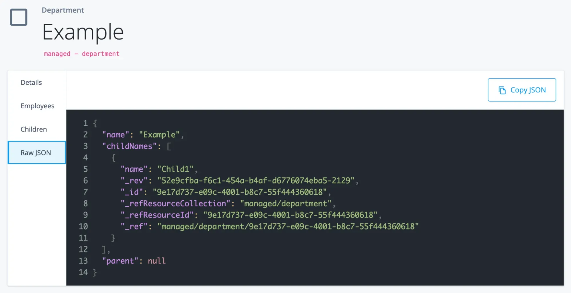 A screenshot of the raw JSON output from the rdvp that hasn’t been flattened. The JSON shows an object with reference information for the childNames property