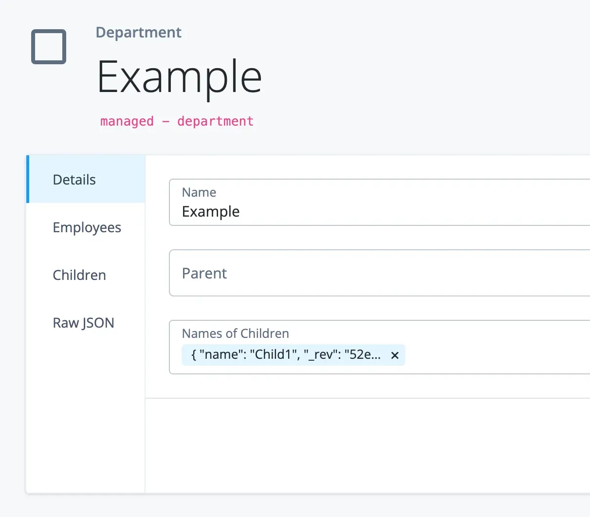 A screenshot of the department object instantiated in which the Names of Children field show an array block of an object rather than the names