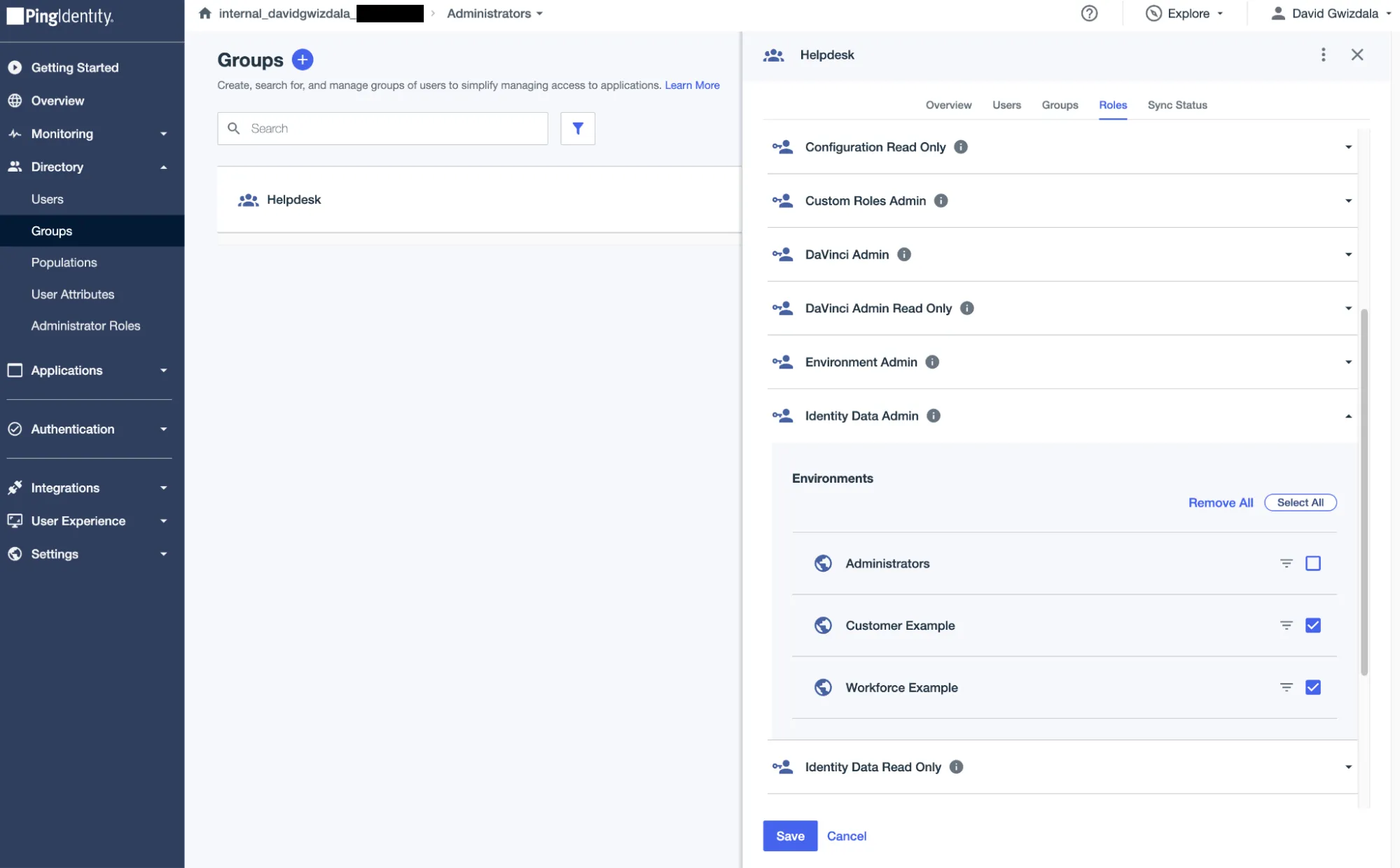 A screenshot of the admin portal where the Group is being assigned Identity Data Admin roles