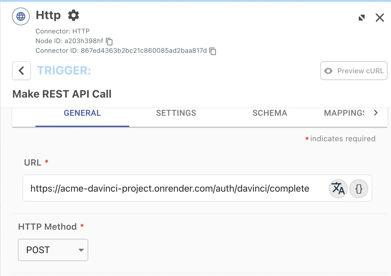 A screenshot of the DaVinci console showing a partial Http connector node form, for the "Make REST API Call" trigger. The "URL" value is set to "https://acme-davinci-project.onrender.com/auth/davinci/complete" and the "HTTP Method" is set to "POST".