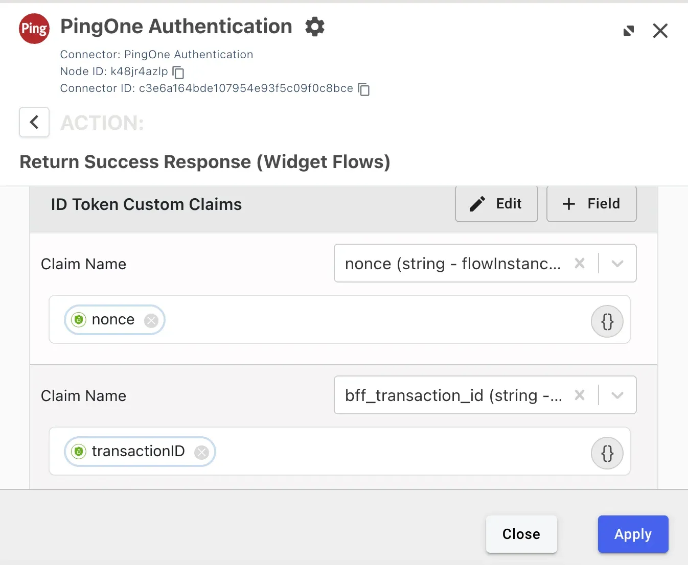 A screenshot of the DaVinci console showing a filled PingOne Authentication connector node form, for the "Return Success Response (Widget Flows)" trigger. For the "ID Token Custom Claims" section, the "Claim Name" being "nonce" has "nonce" variable assigned, the "Claim Name" being "bff_transaction_id" has the "transactionID" variable assigned.