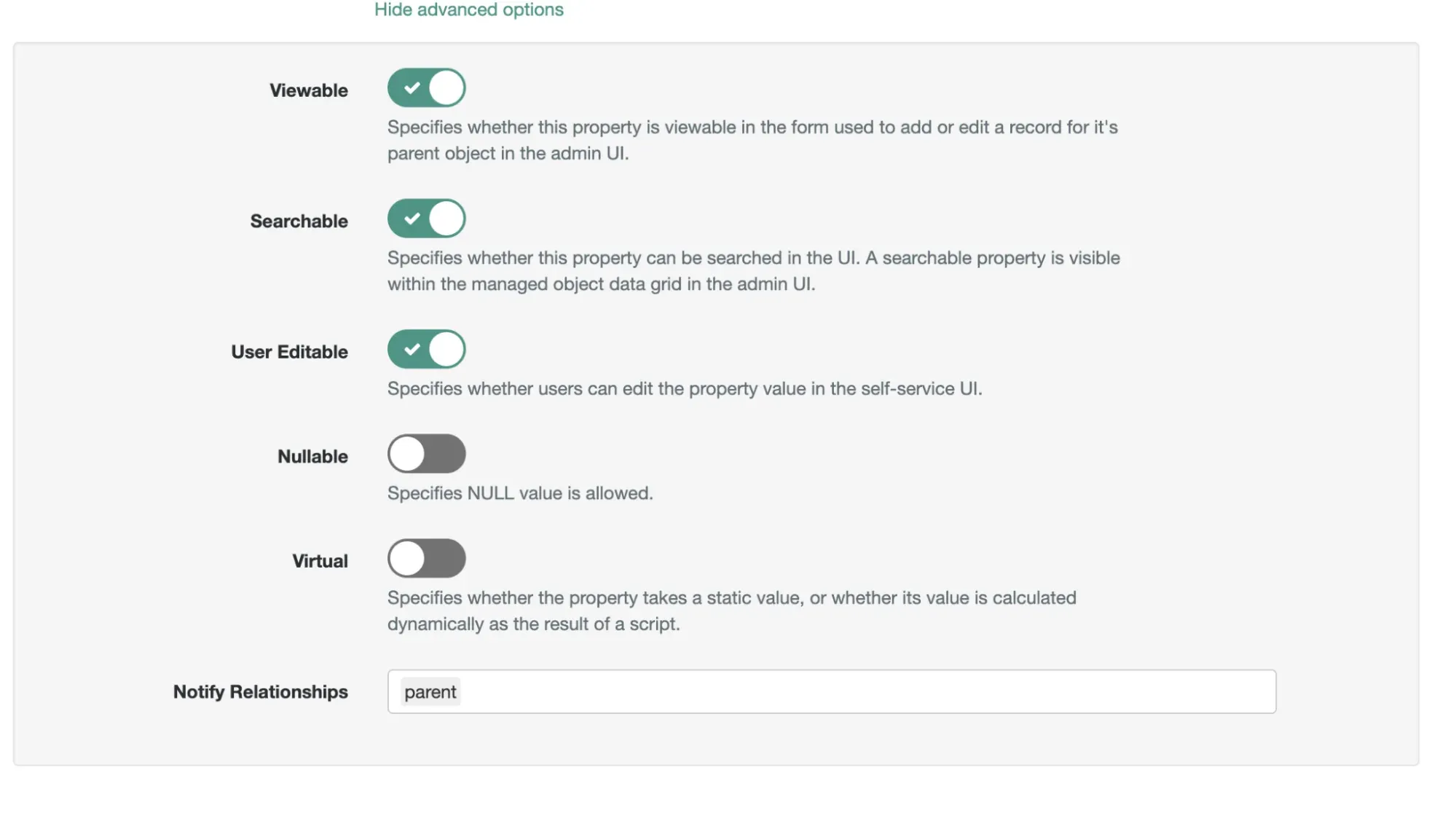 A screenshot of the advanced properties of the name field in which the parent relationship is set to be notified