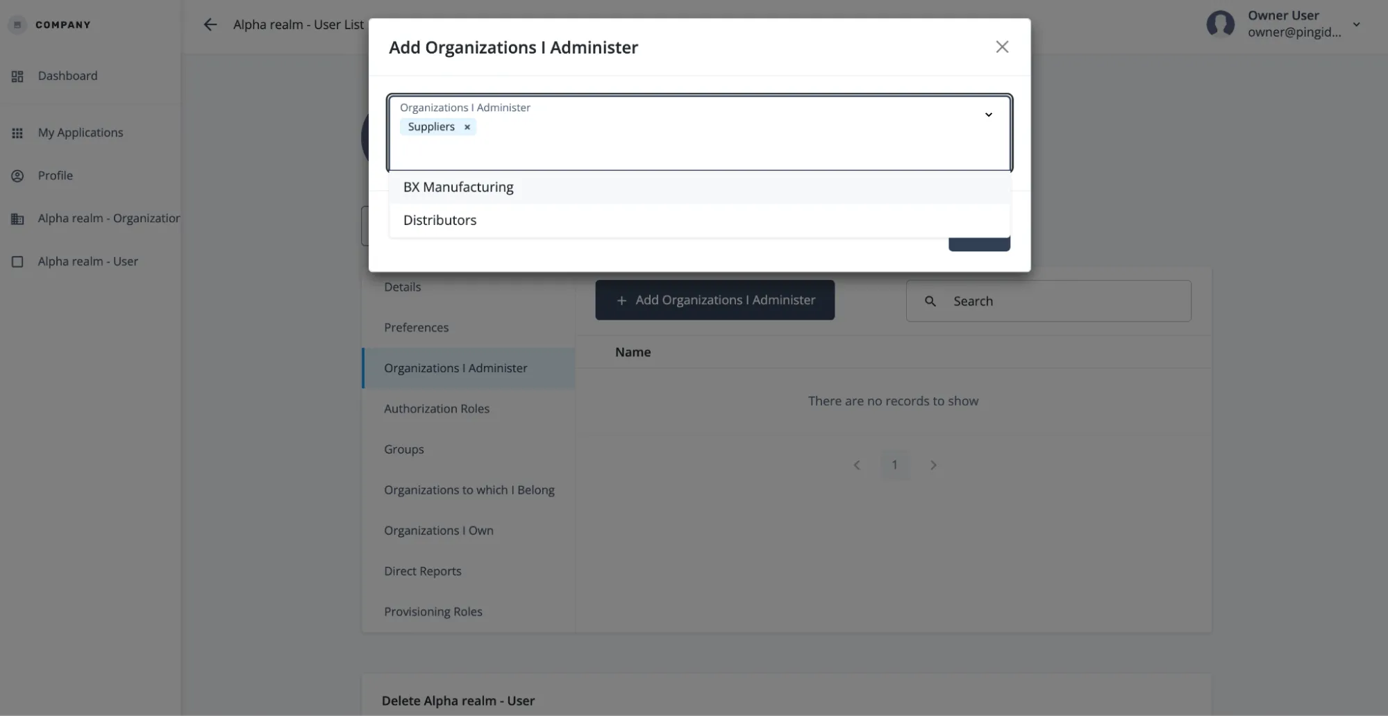 A screenshot of the owner assigning the user to be an admin of the Suppliers org