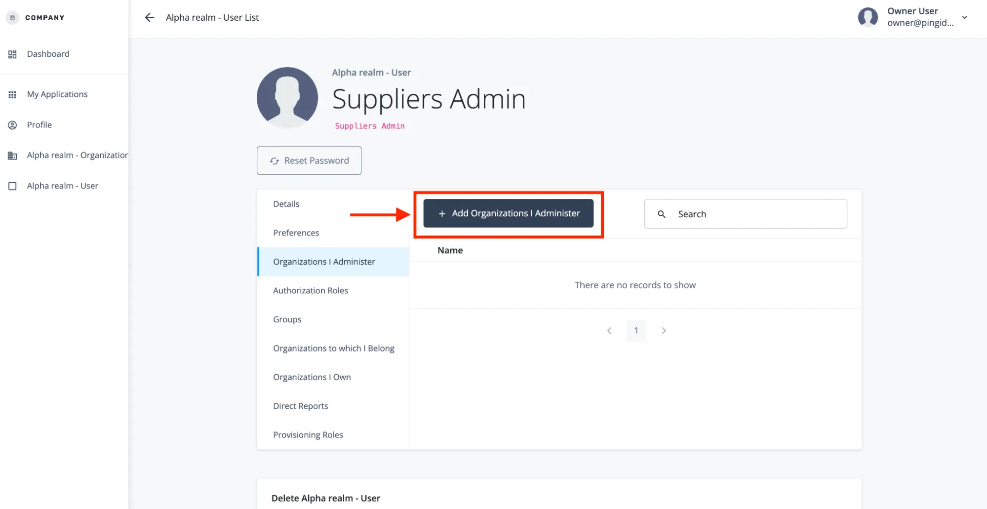 A screenshot of the owner assigning the new user to be an admin to an organization by selecting the "Add Organizations I Administer" button