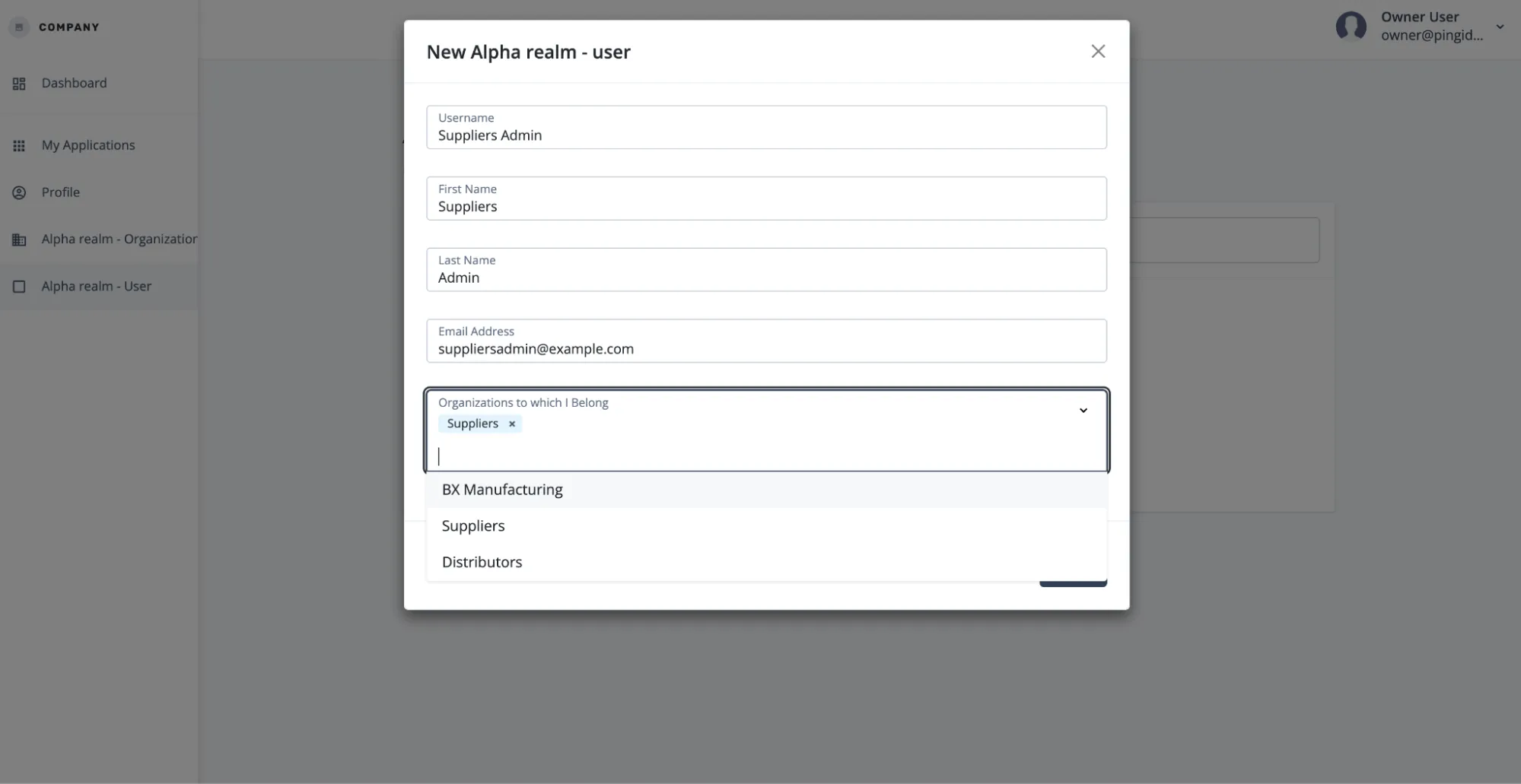 A screenshot of the owner adding in the user details and assigning that user to an org as a member