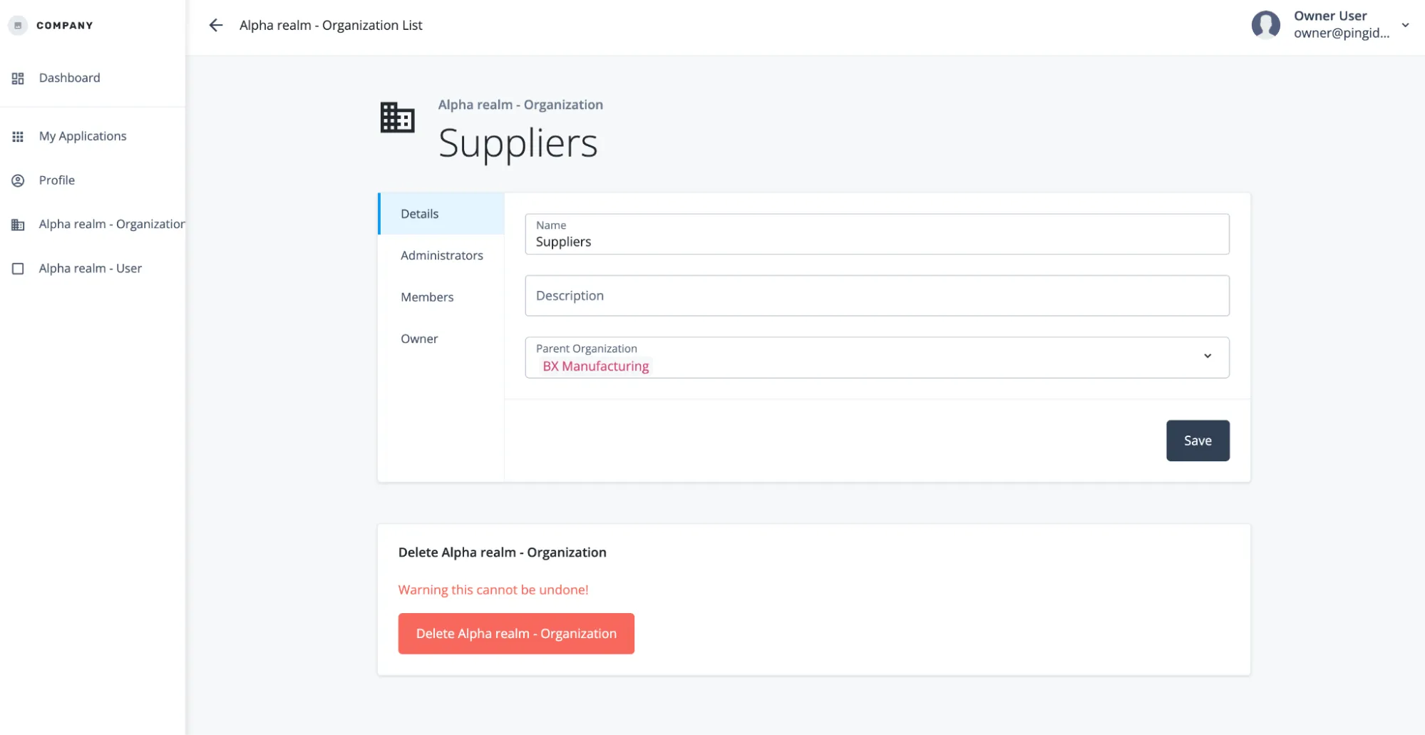 A screenshot of the owner viewing the Suppliers org they created