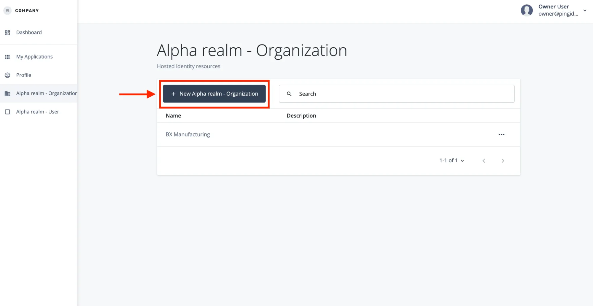 A screenshot of the owner selecting the new organization button