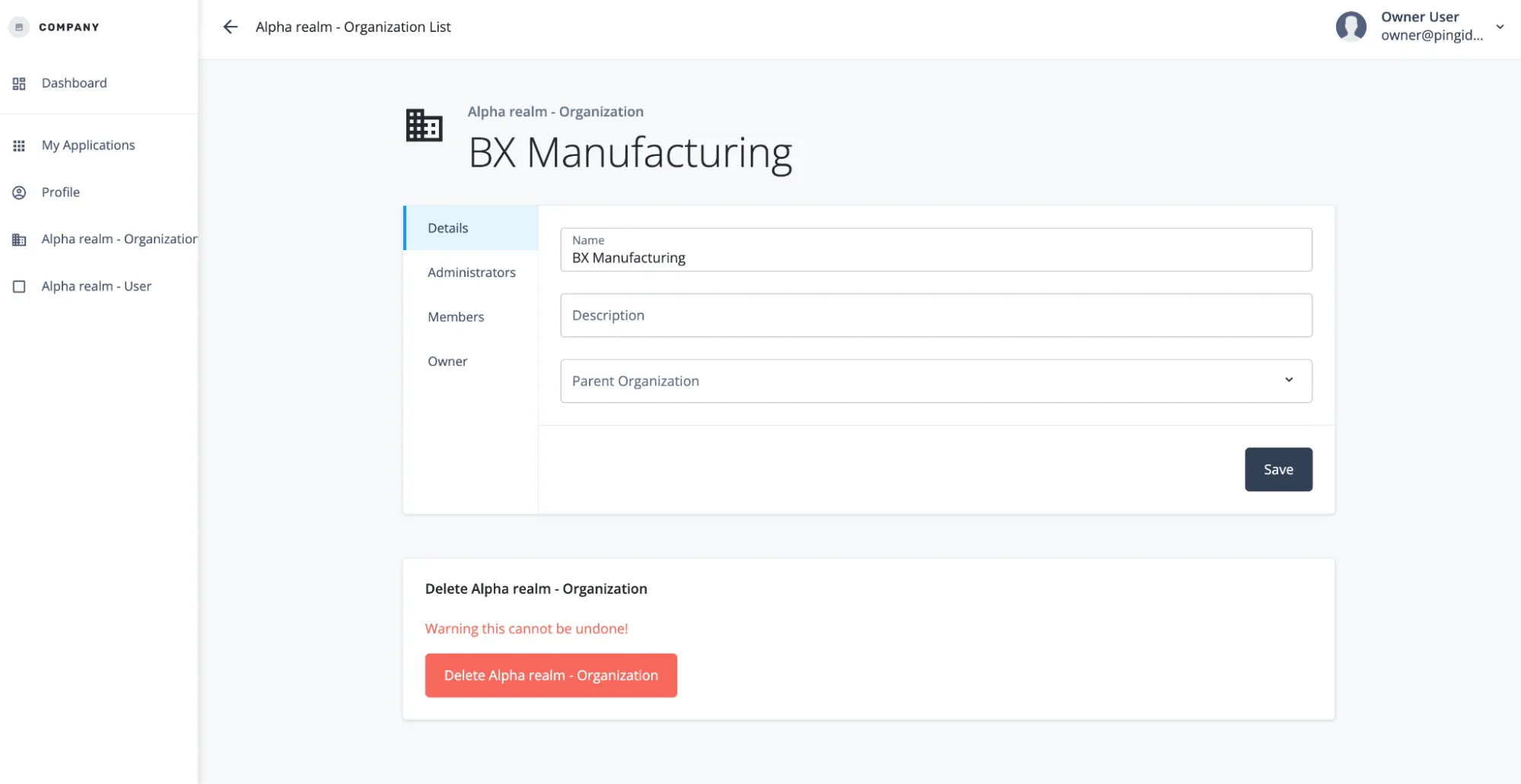 A screenshot of the owner logged in and viewing the Org BX Manufacturing's details