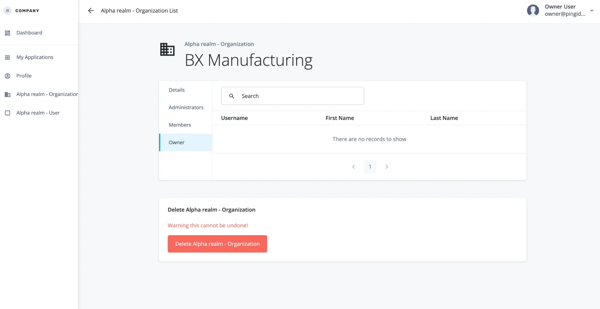 A screenshot of the owner logged in and viewing the Org BX Manufacturing in which they cannot see or edit other owners