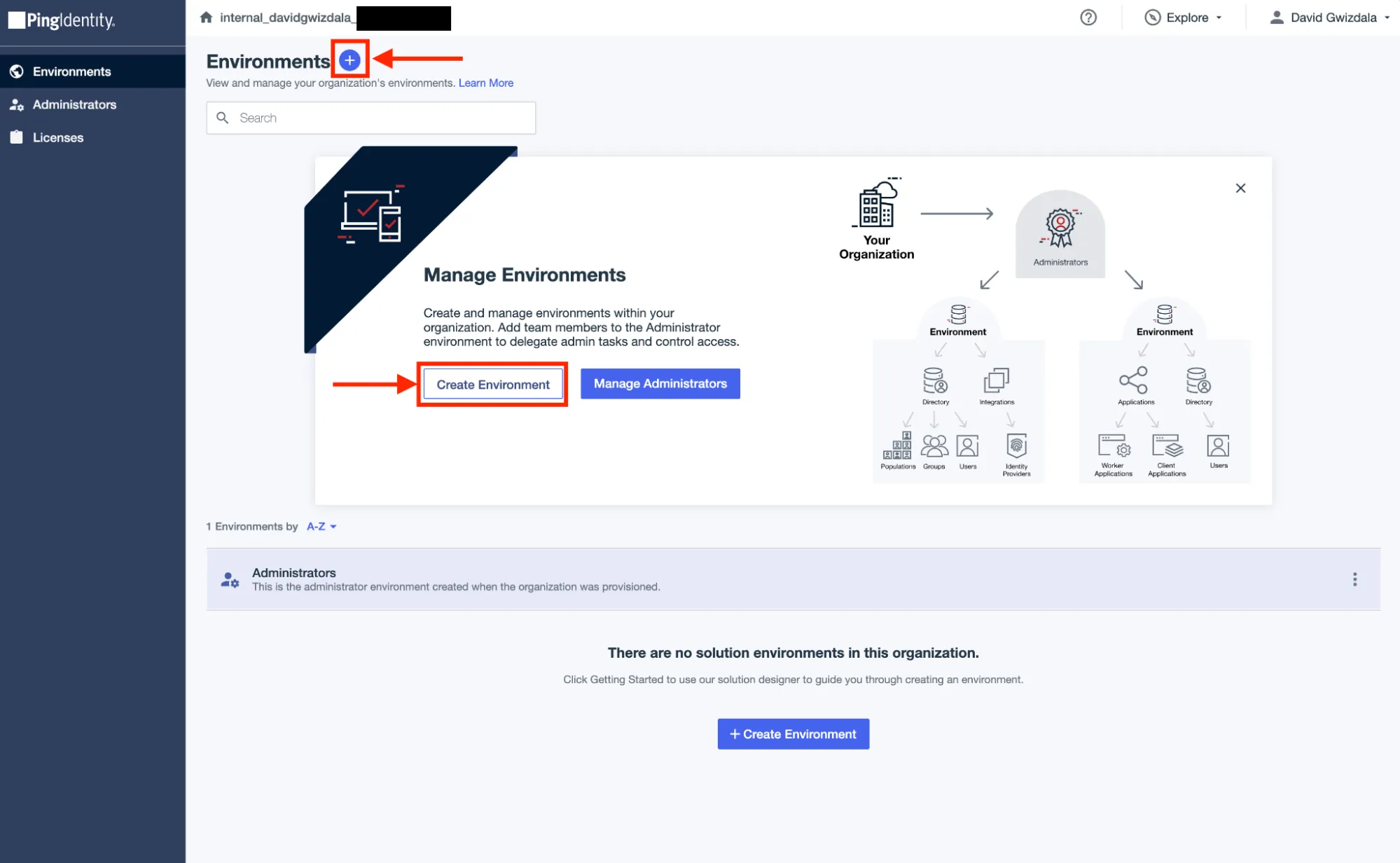 A screenshot with arrows pointing to the "Create Environment" buttons