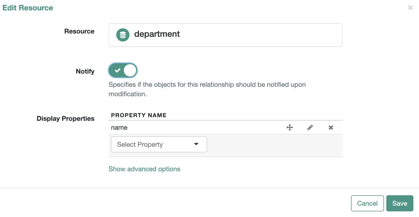 The edit resource details for the parent relationship in which the department is set to notify on modification