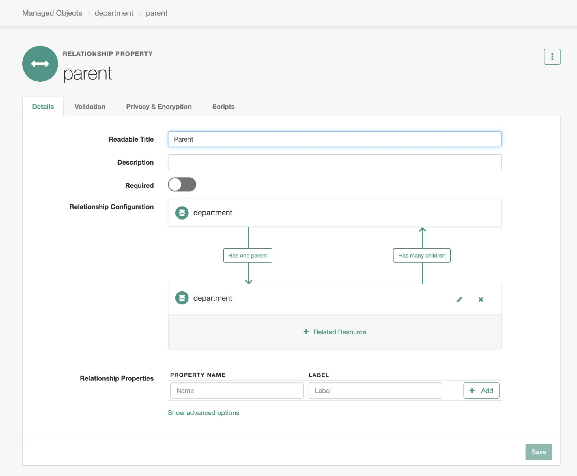 A screenshot of the parent property in which the bidirectional relationship between parent and children are shown