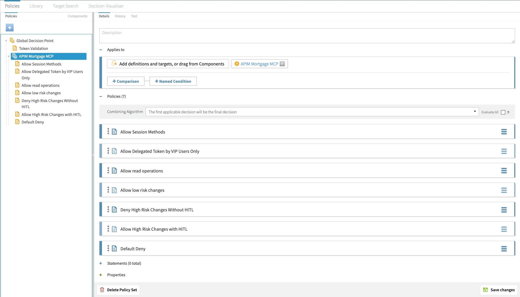The PingAuthorize policy designer showing the mortgage MCP policy tree with the seven MCP policies and the global Token Validation policy