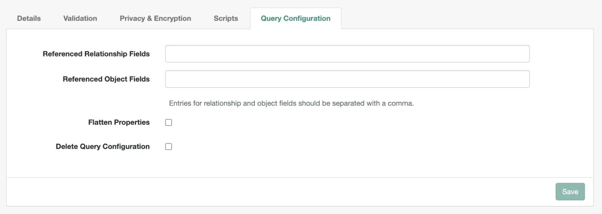 A screenshot of a blank Query Configuration tab, containing all of the inputs defined in this section