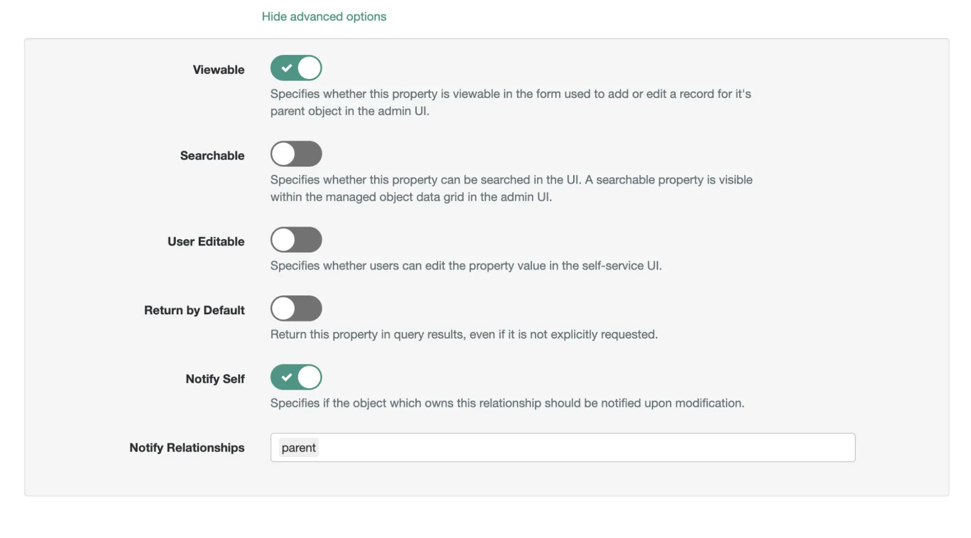 The advanced properties in the children relationship in which the parent has been set to be notified