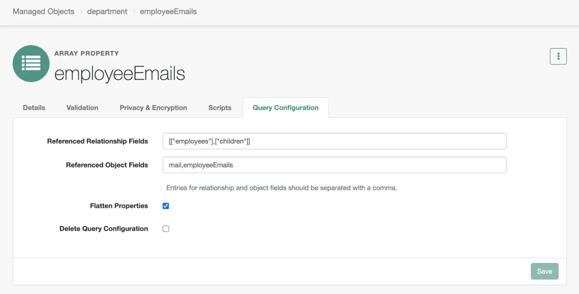The query configuration view for the employeeEmails property that include the relationships of employees and children with the object fields of mail and employeeEmails