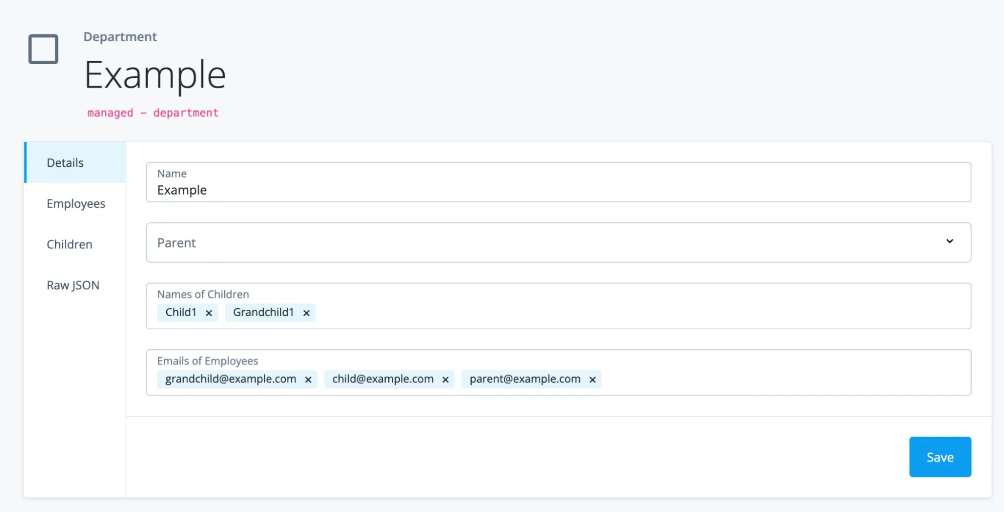 The completed screenshot of the example department in which the nested children names and employee email names appear on the details page