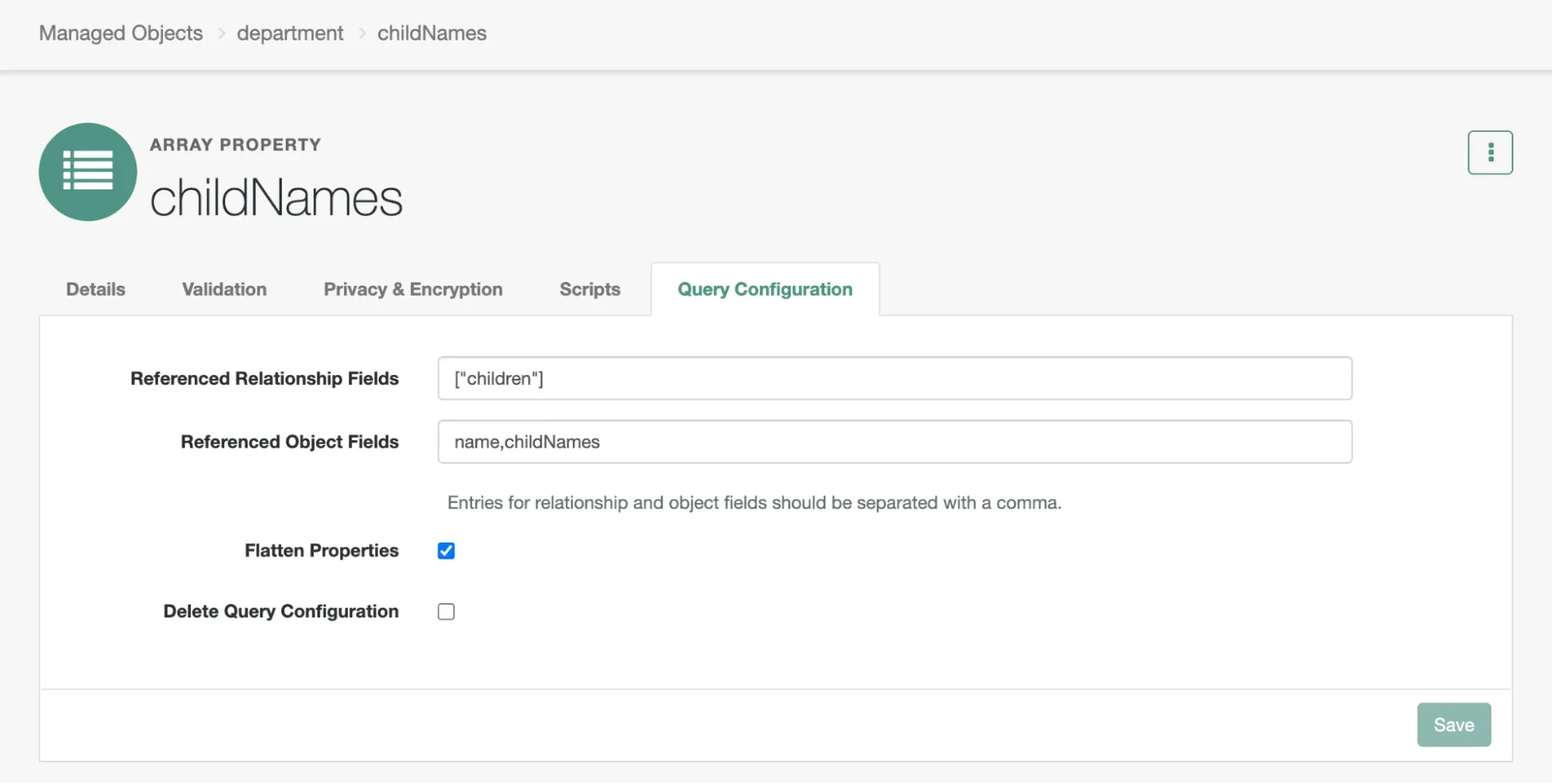 The updated childNames property query in which name and childNames are being referenced as object fields