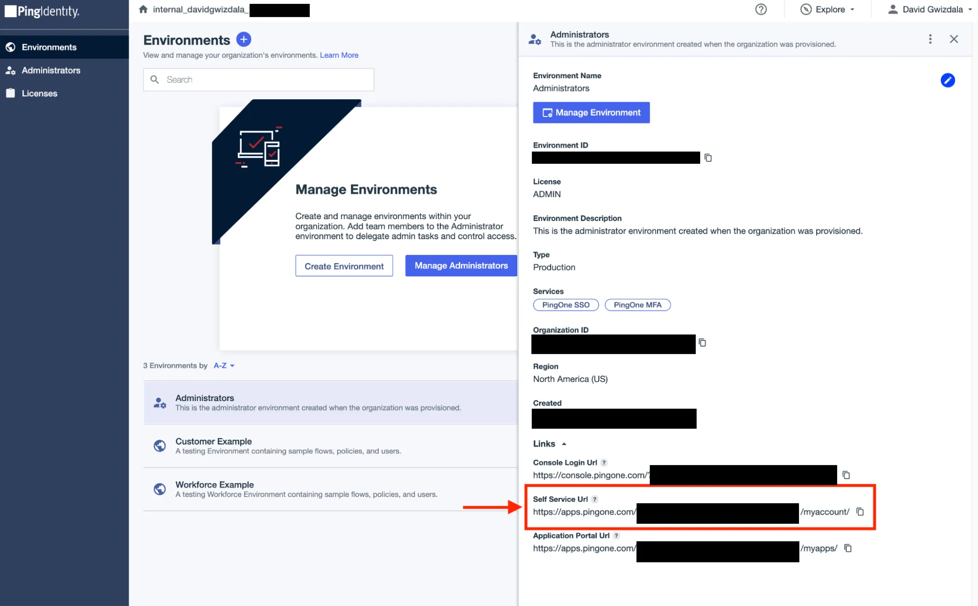 A screenshot of the admin environment self-service url found for the Environment's admin console