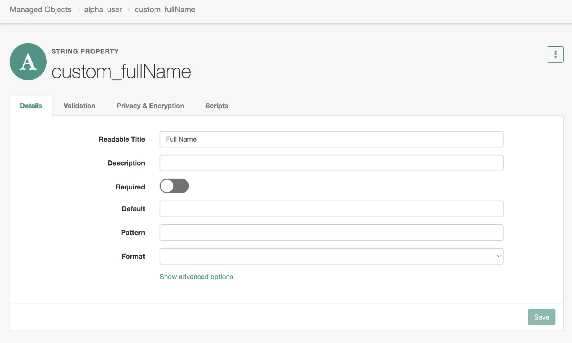 A screenshot of the custom_fullName property, set as a string