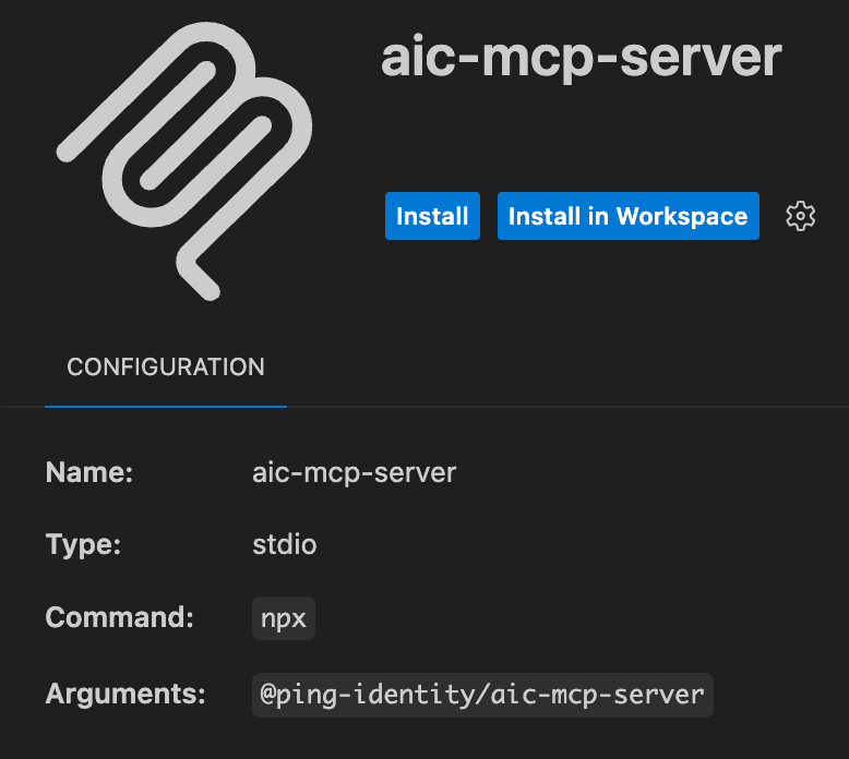 VS Code MCP server panel showing Install and Install in Workspace buttons