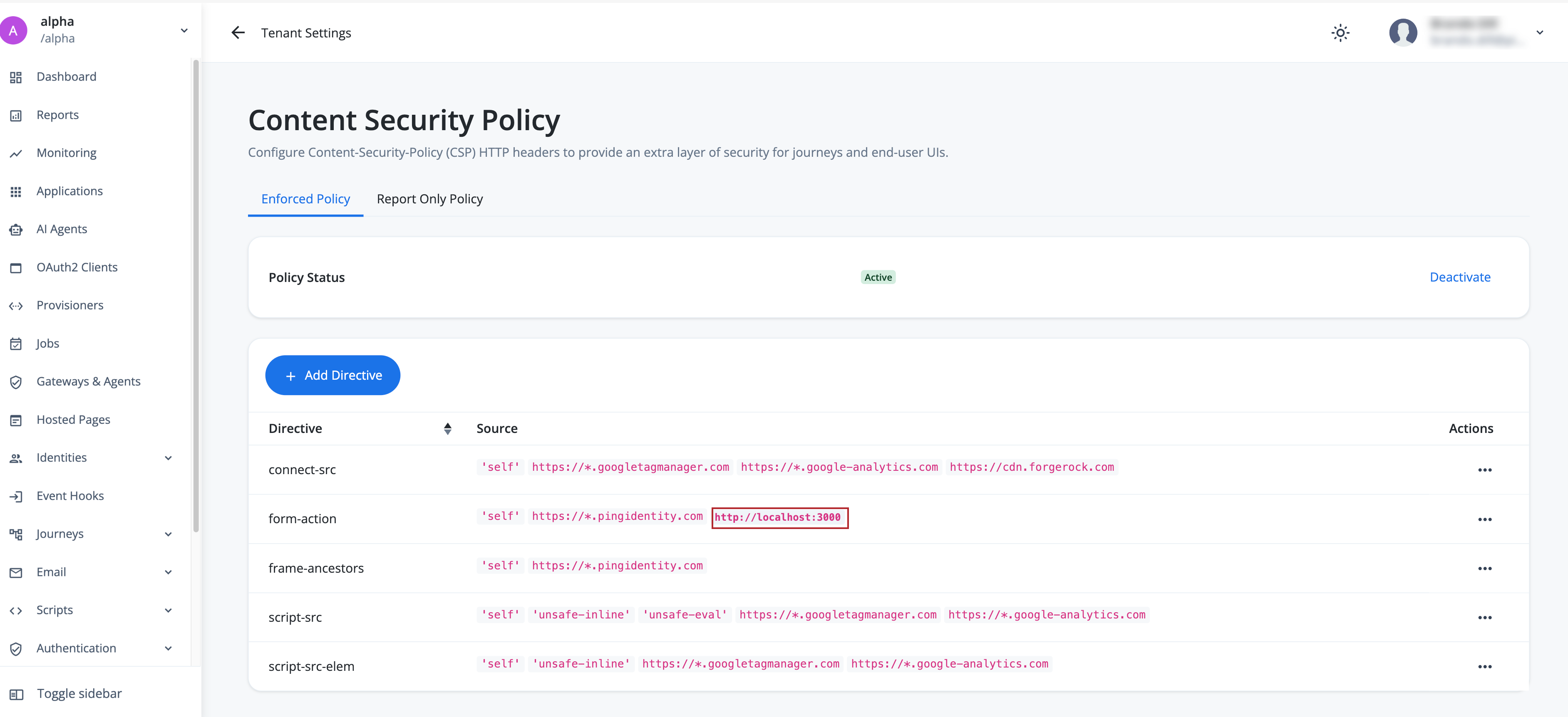 Content Security Policy screen in the AIC admin console with a redirect URI added to the form-action directive