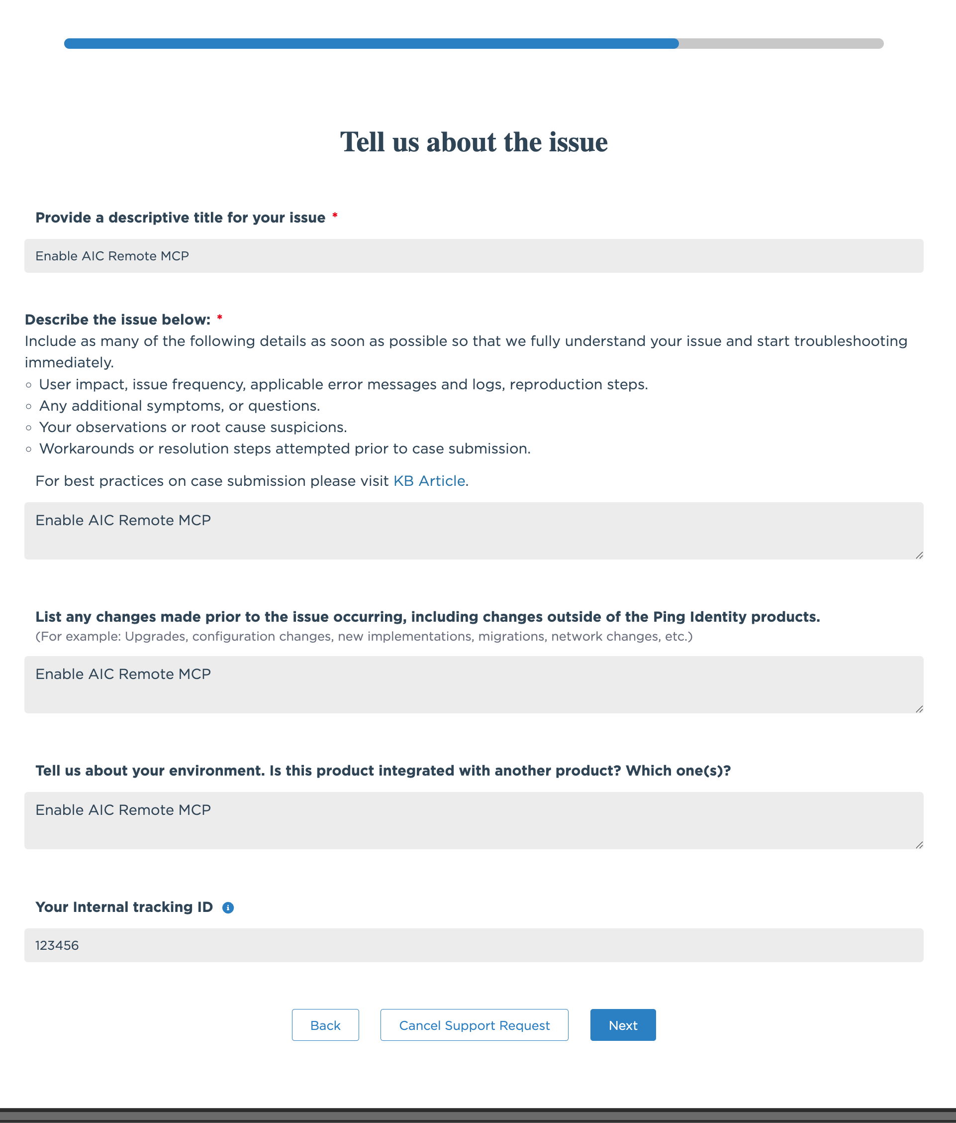 Support case title and issue description