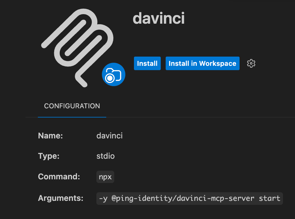 VS Code MCP server panel showing Install and Install in Workspace buttons