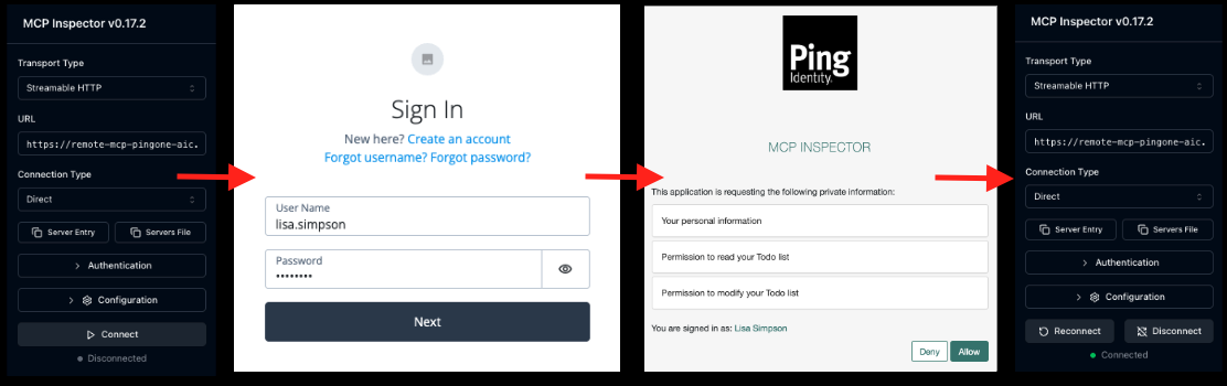 A screen capture of the MCP Inspector initiating authentication and self-registering with Advanced Identity Cloud.
