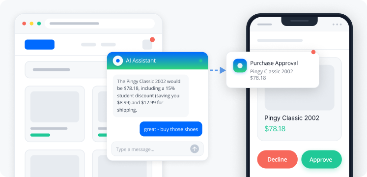A digital assistant requesting approval for a purchase through a push notification to the end user’s device.