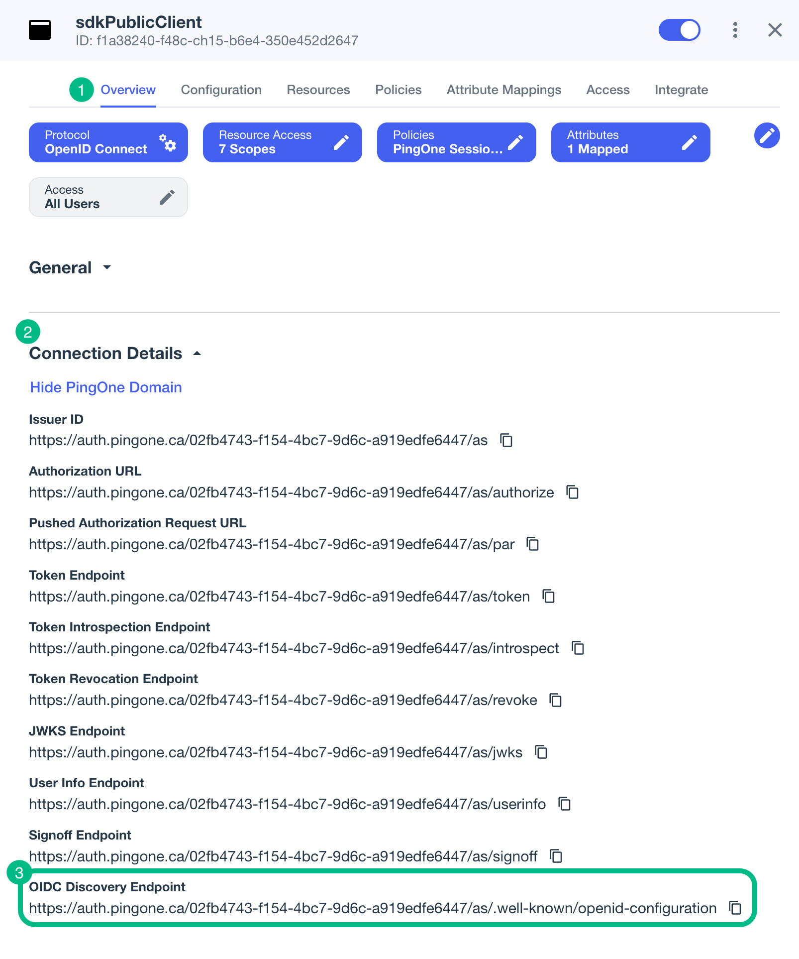 Locating the .well-known URL in a PingOne client profile.