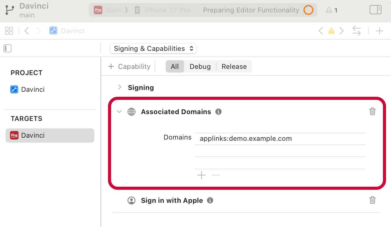 Adding an associated domain in Xcode