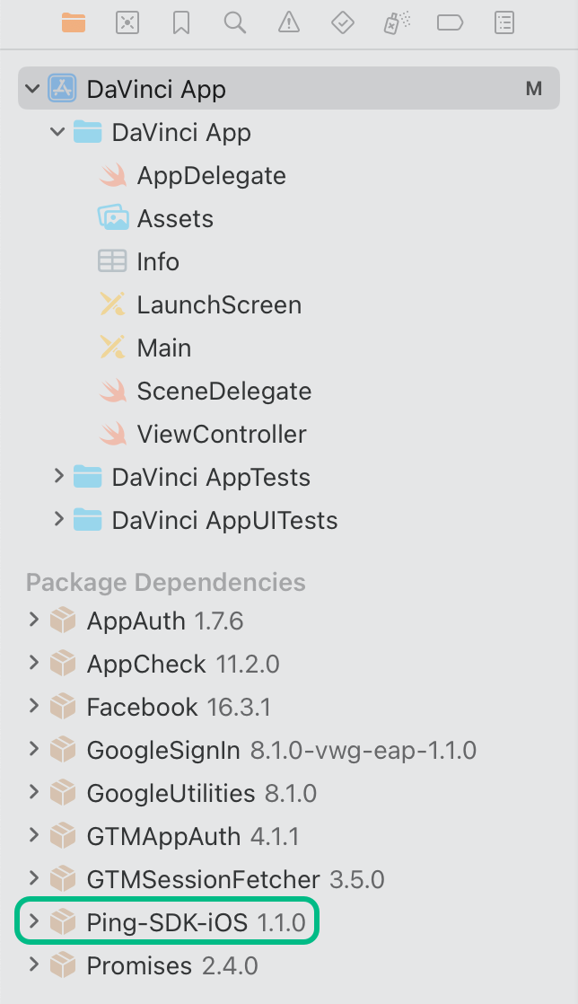Package dependencies in the Xcode package navigator pane.
