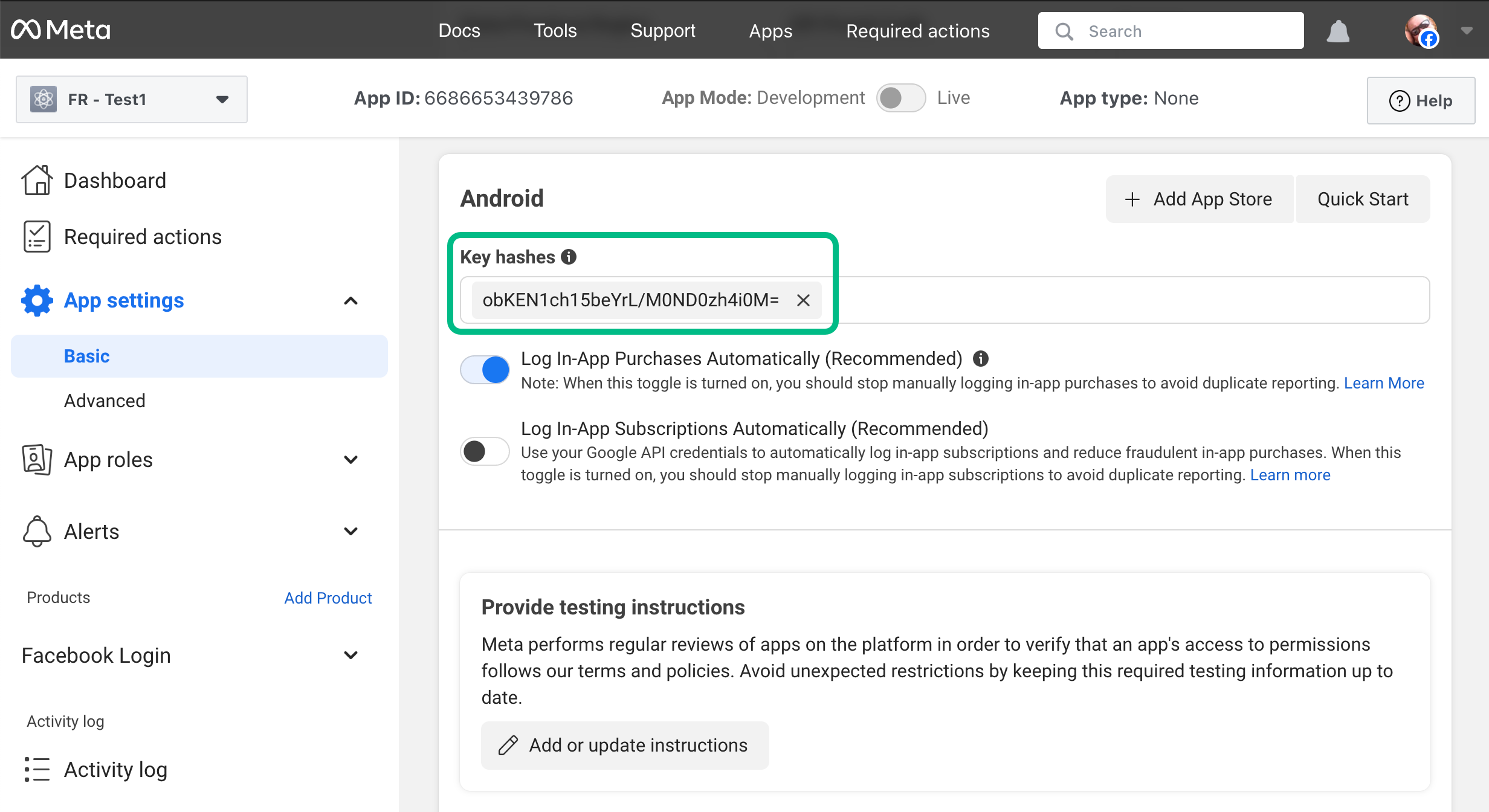 Adding signing certificate hashes to a Facebook App ID.