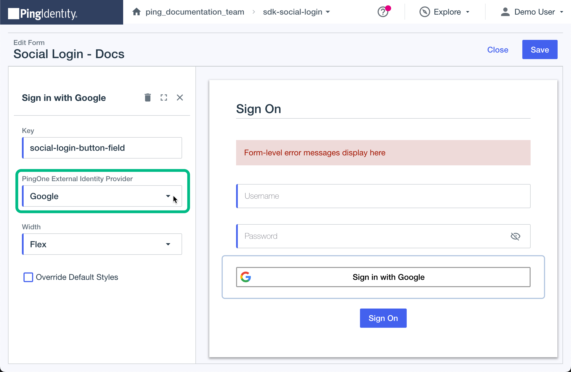 Configuring a Social Login field to use Google as the external IdP.